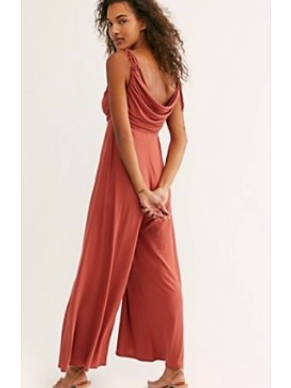 Free People Draped Cowl-Neck & Back Wide Leg Jumpsuit in Terracotta